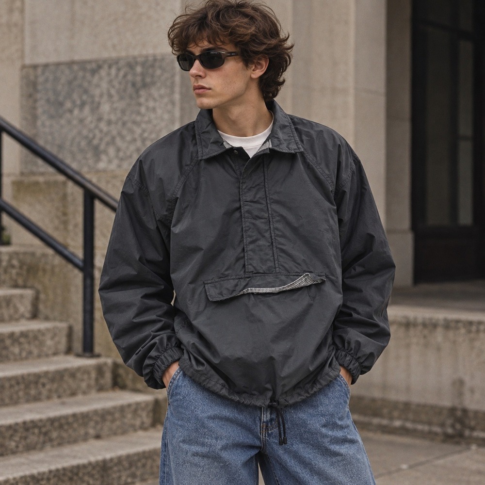 Vintage IZOD Jacket Mens Large Black Nylon Anorak Pullover Windbreaker 90s